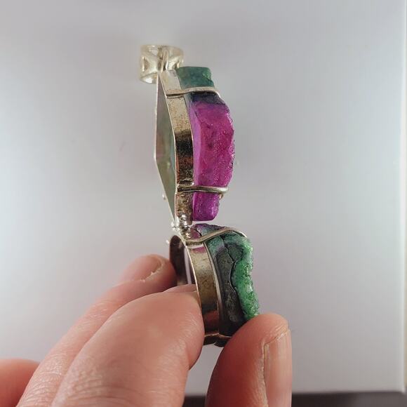 Sterling Silver Rainbow Drusy Pendant Raw Slice Gem Crystal Quartz 2.5" - Picture 7 of 10